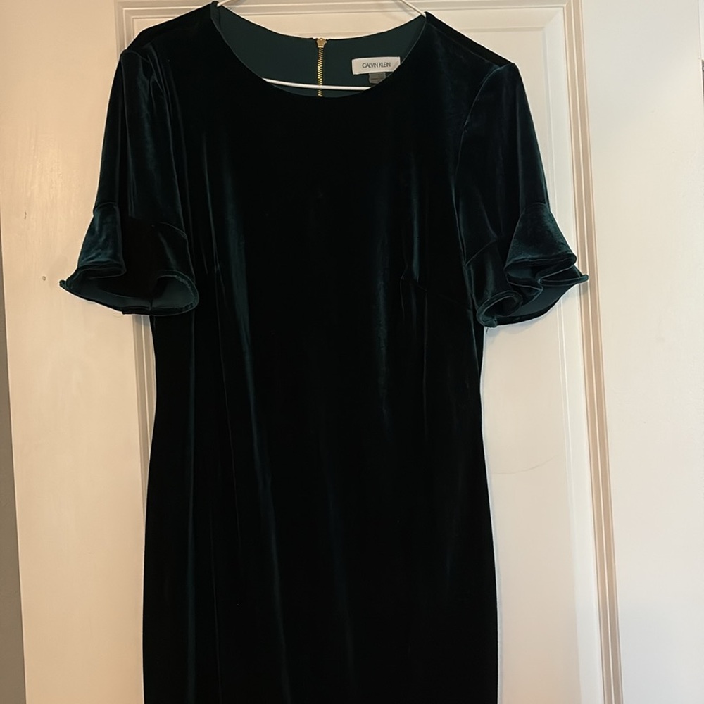 Calvin Klein Emerald Green Velvet 3/4 Bell Sleeve Sheath Dress Size 10 Stretch - Picture 5 of 7
